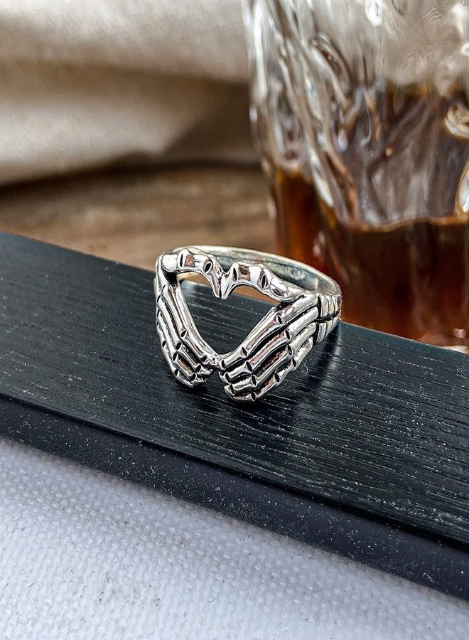 FORUBUS Retro Skull Hand Heart Ring Gothic Style Love Heart Gesture Skeleton Hand Ring for Rock Biker Halloween Trick Costume Jewelry (7.5) - Image 5